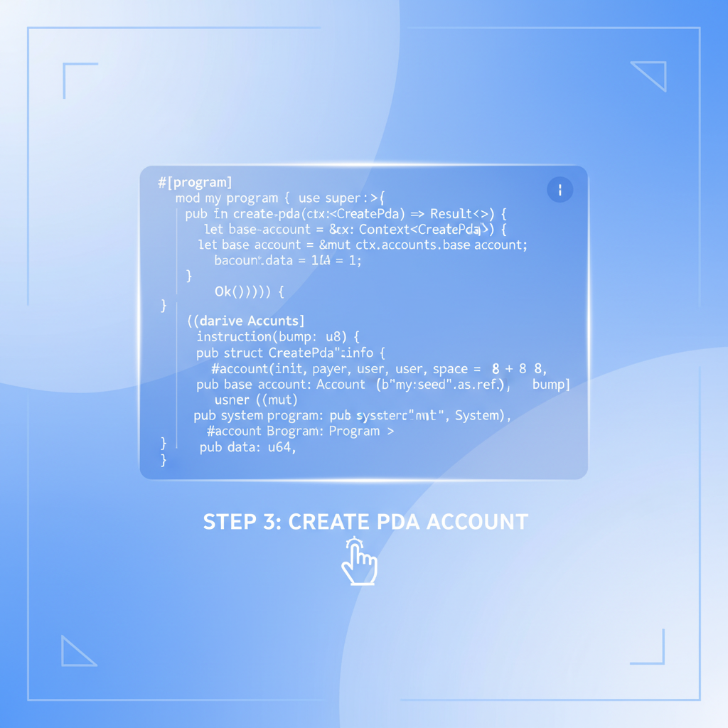 code snippet creating Solana PDA account, holographic display