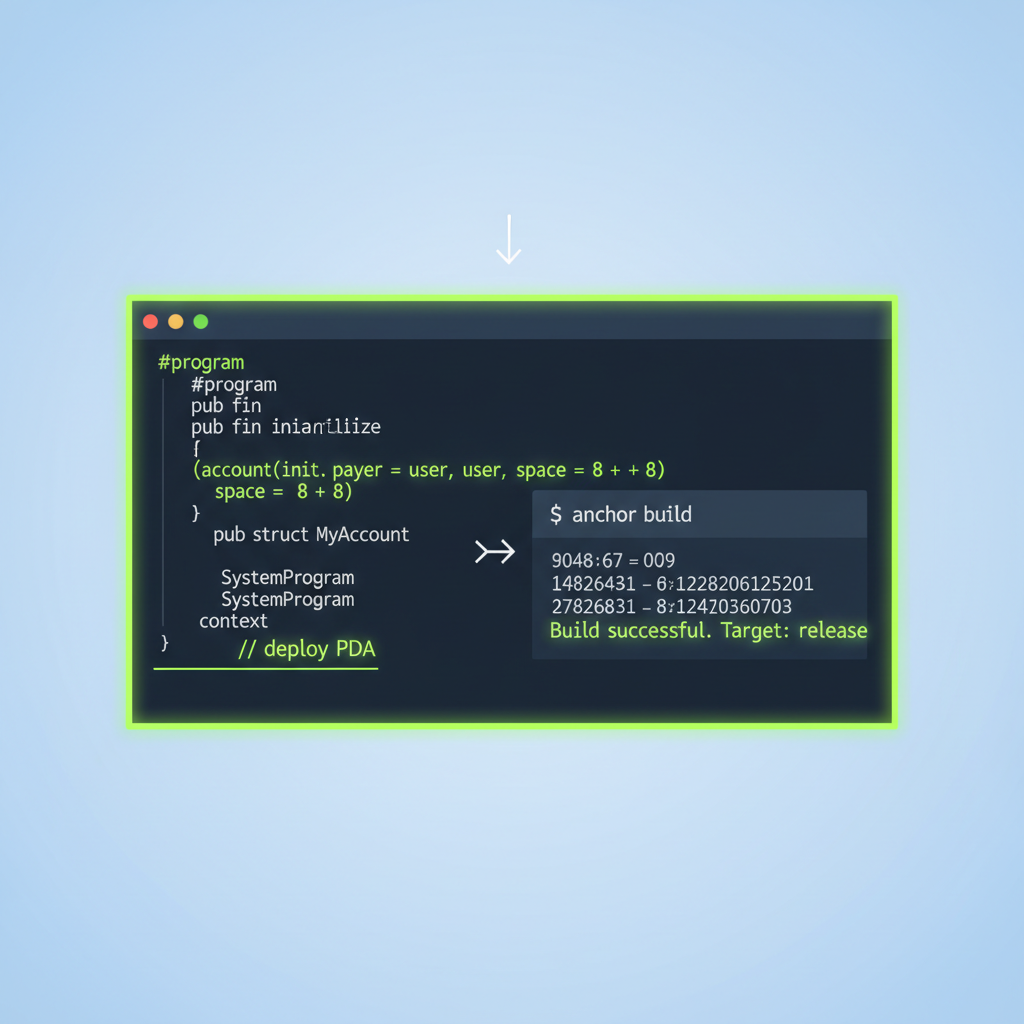 Anchor program code snippet deploying PDA on Solana, terminal window with build success, neon green code highlights