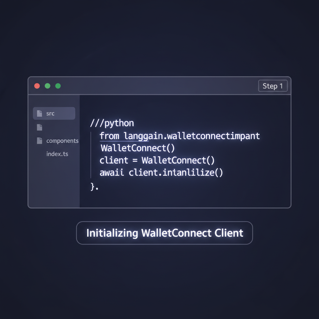 code editor initializing WalletConnect client in LangChain, glowing code lines