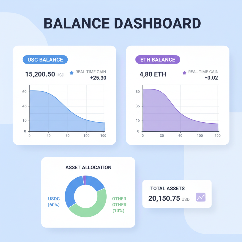 balance dashboard with charts, USDC ETH bars, real-time updates