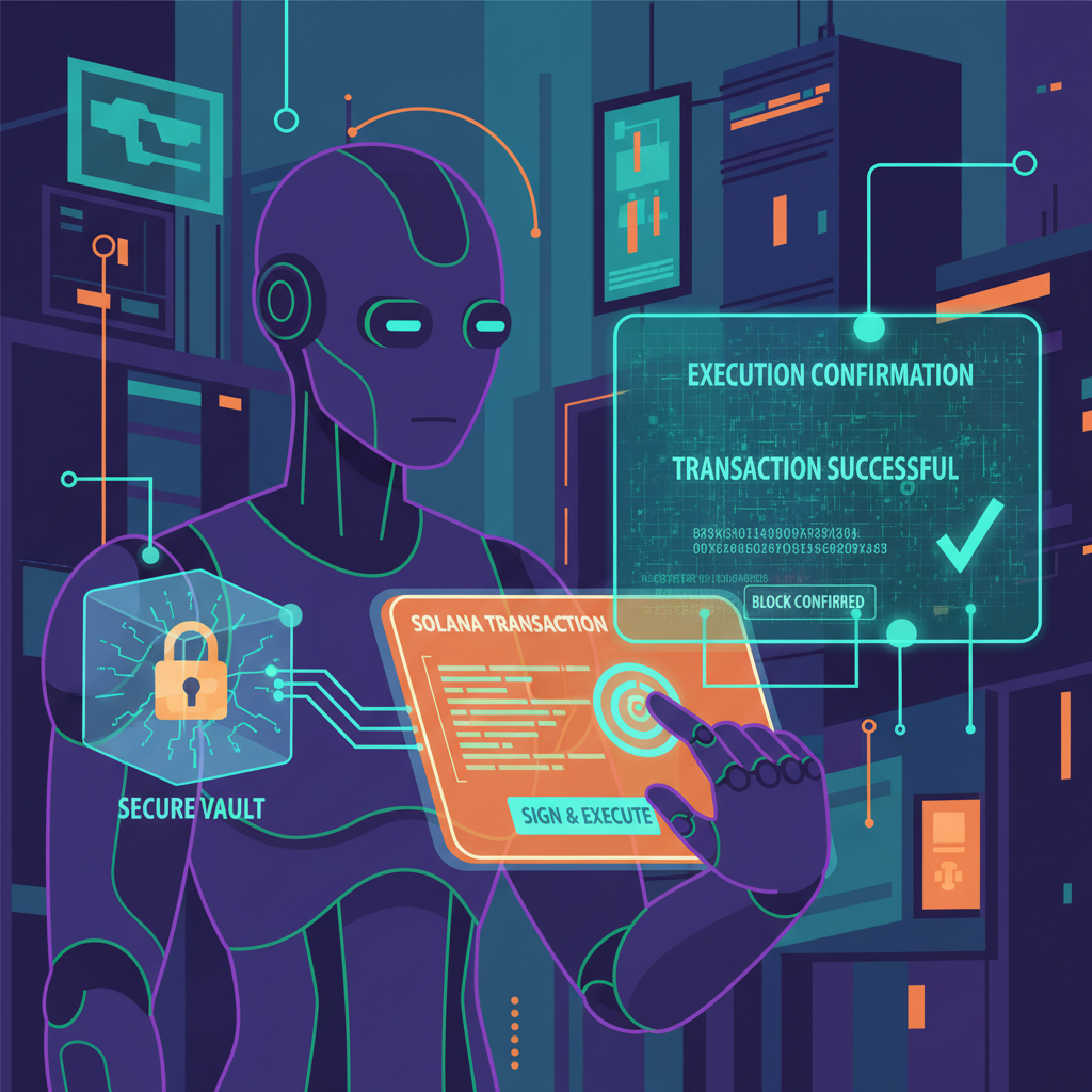AI agent digitally signing Solana transaction, secure vault glow, execution confirmation screen, high-tech cyberpunk style