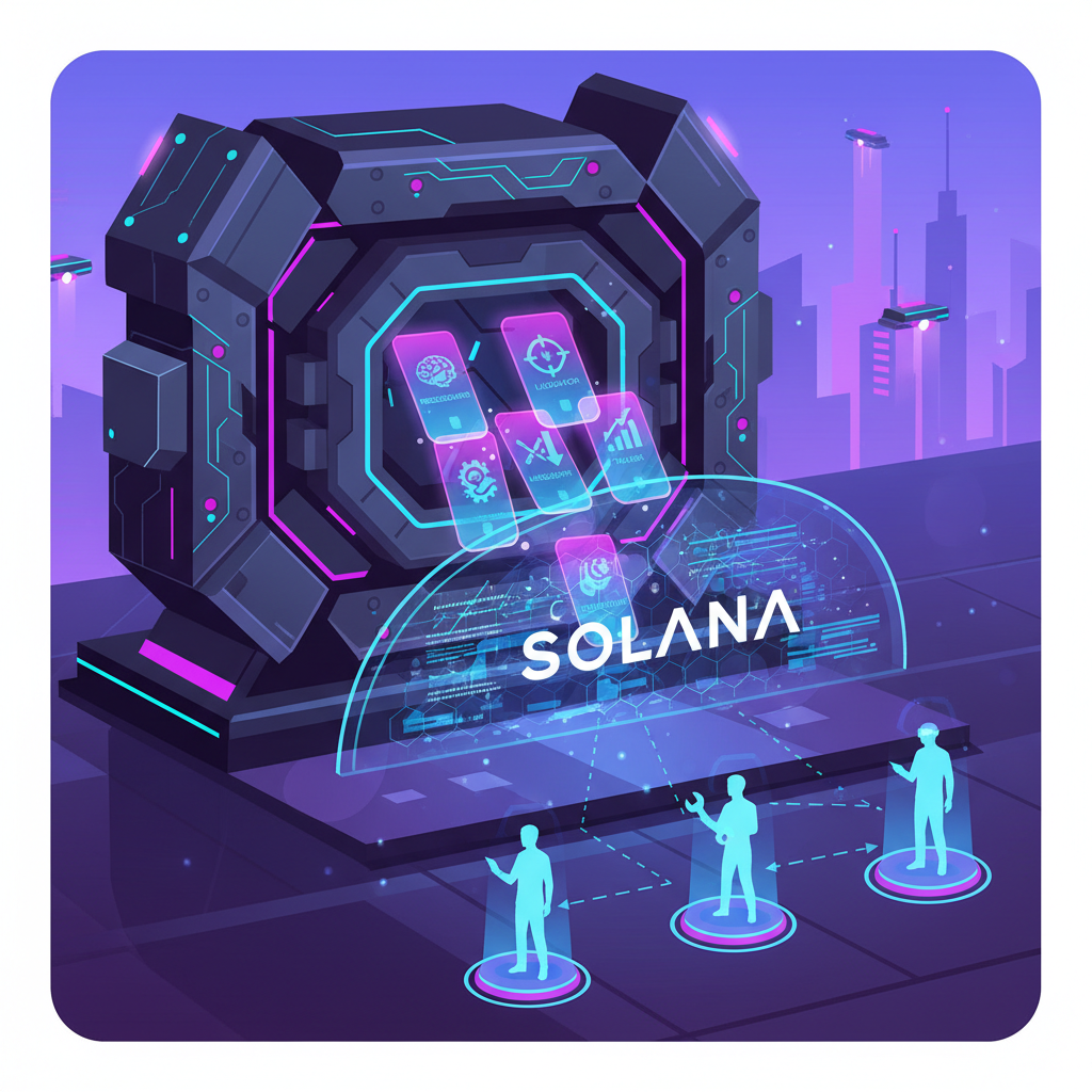 futuristic solana blockchain vault spawning glowing AI agent PDAs for trader liquidator researcher, cyberpunk neon blues purples, high tech holographic interface