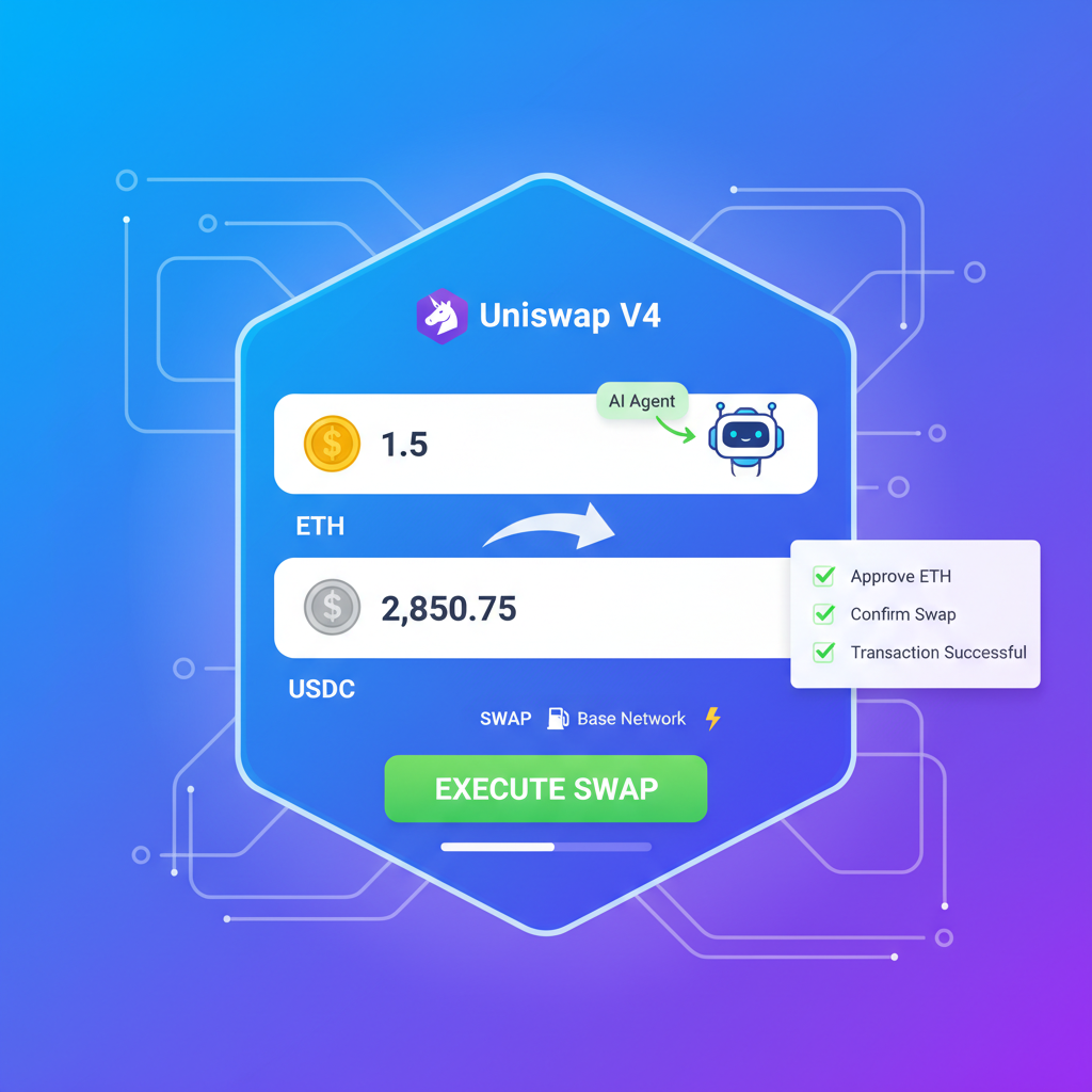 Uniswap V4 interface with AI agent executing ETH to USDC swap on vibrant Base network