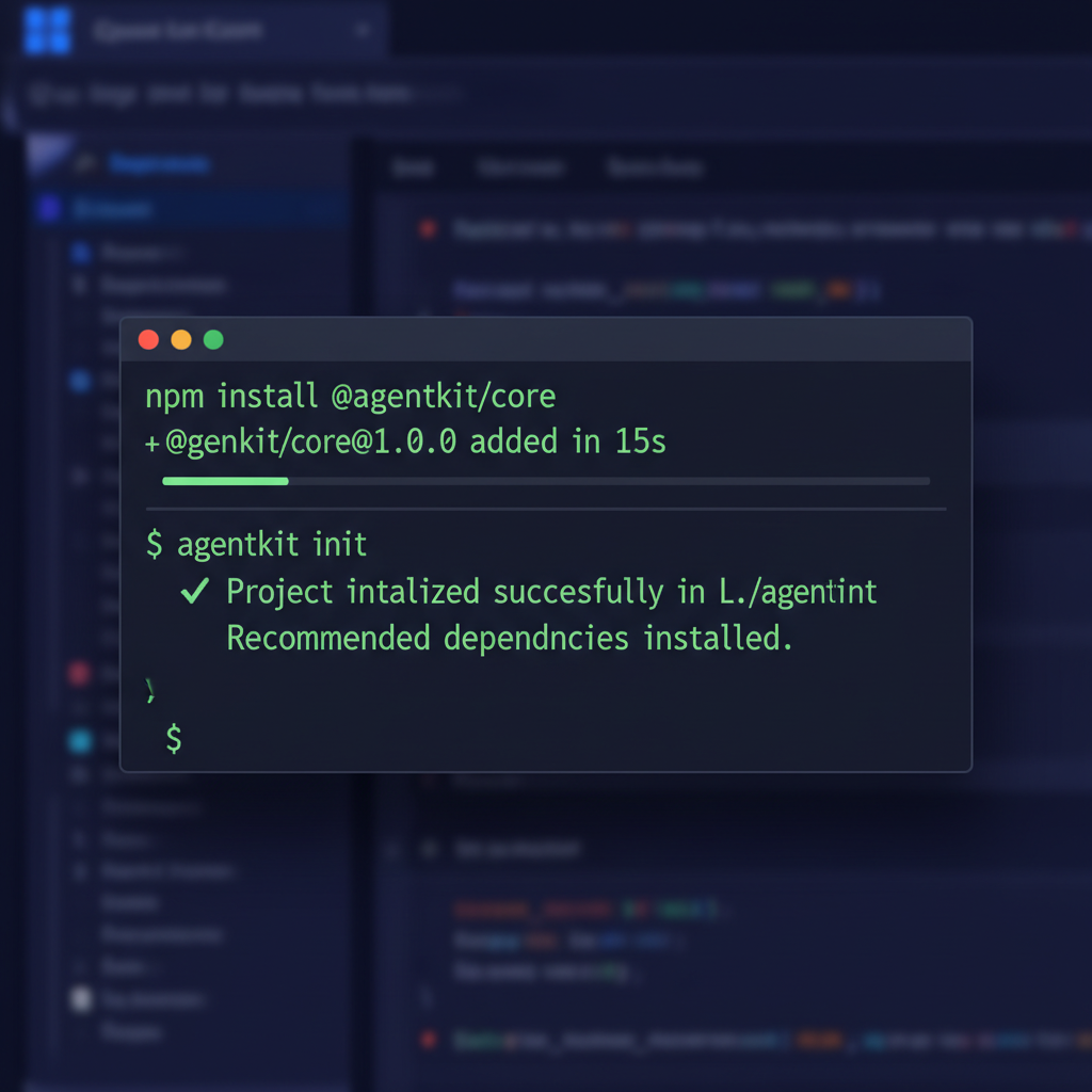 clean terminal window showing npm install and agentkit init commands succeeding, modern dark theme code editor background
