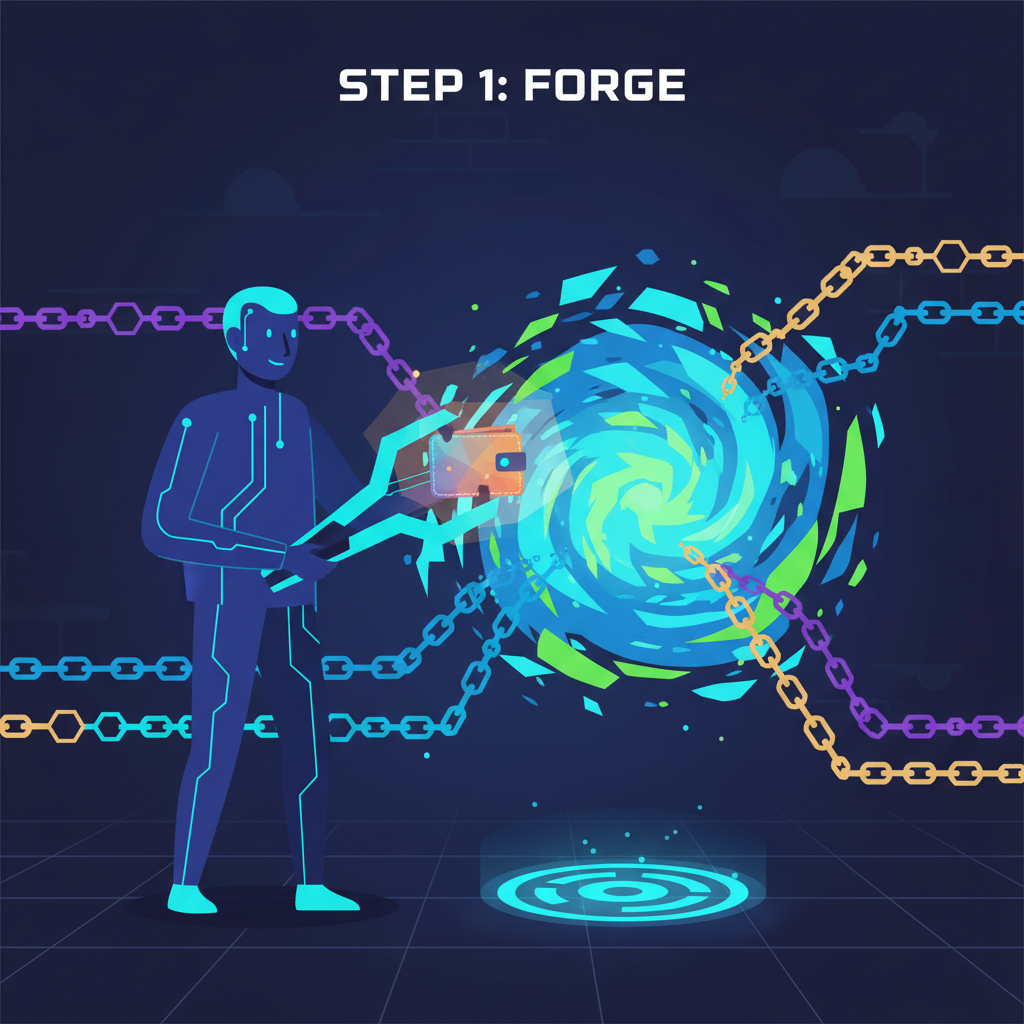 AI agent forging glowing smart wallet from digital forge, blockchain chains linking, epic fantasy cyber fusion