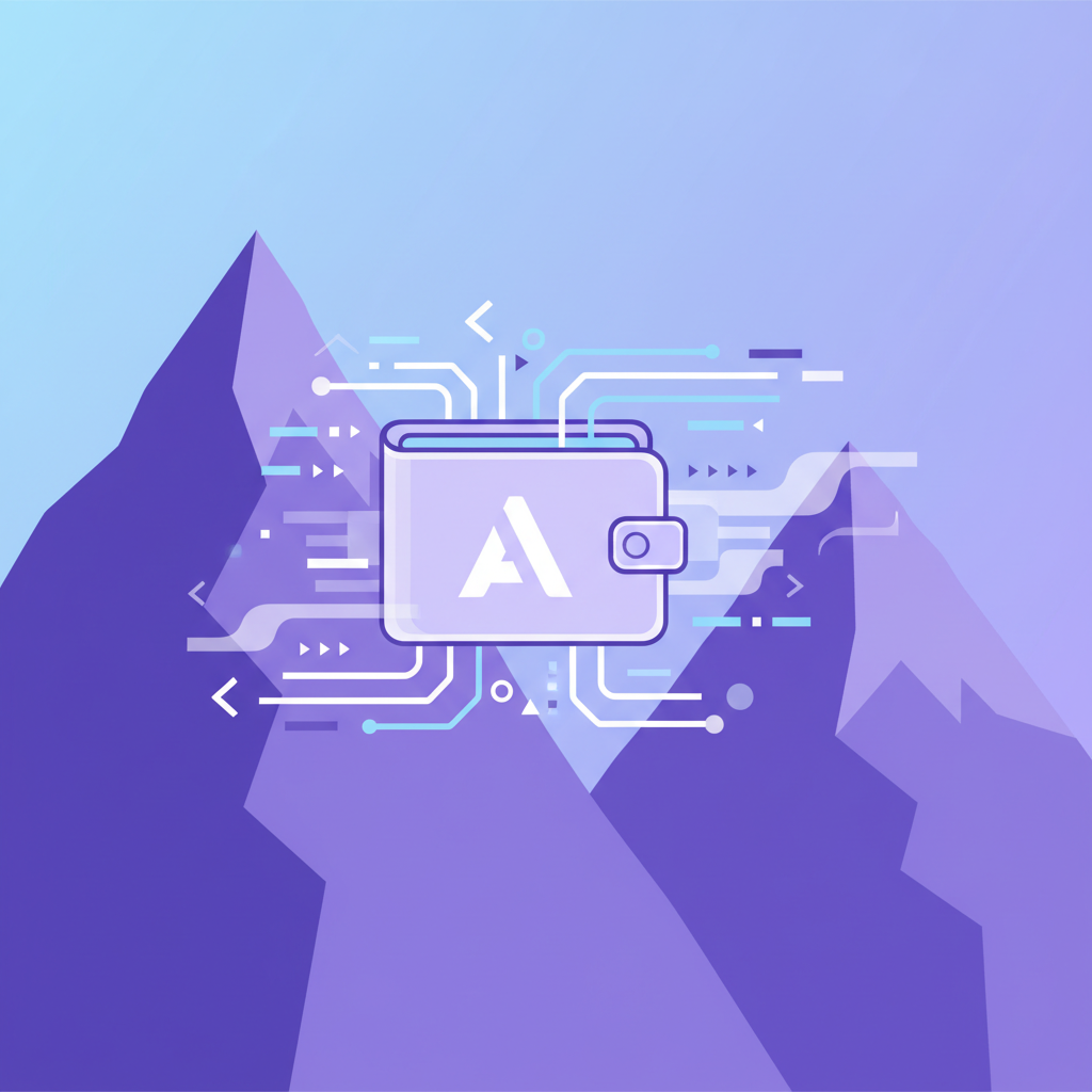 digital wallet emerging from code, gasless ethereal glow, Avalanche purple peaks in background