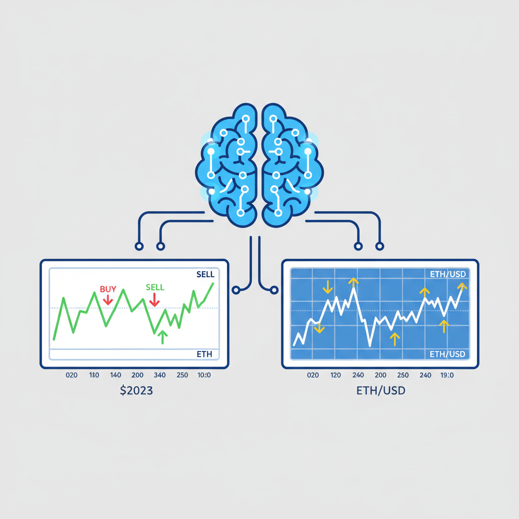 AI brain neural network connected to charts showing ETH price $2023 with trading signals