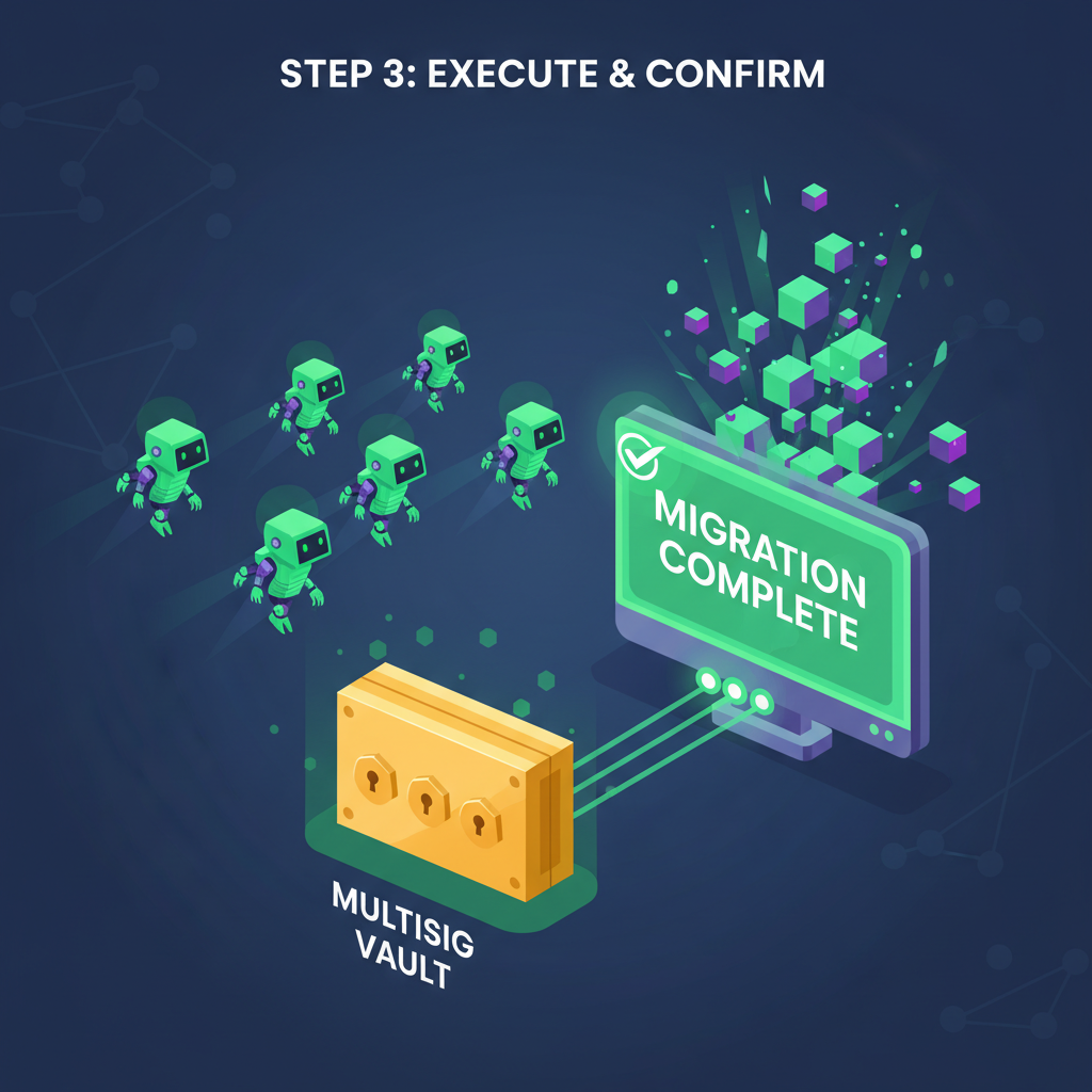 solana mainnet migration ai agent fleet funded by multisig vault glowing green success terminal blockchain explosion