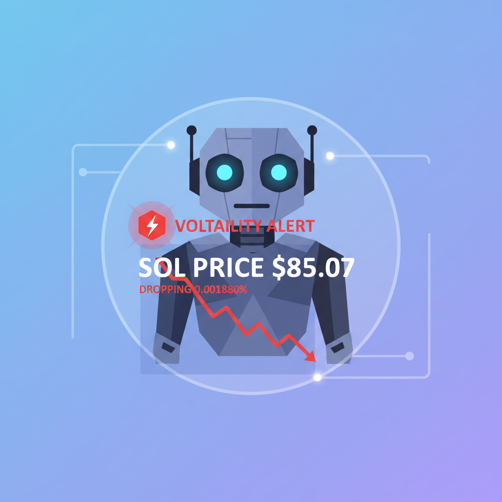 AI agent chart monitoring SOL price at $85.07 dropping 0.001880%, volatility alert flashing red