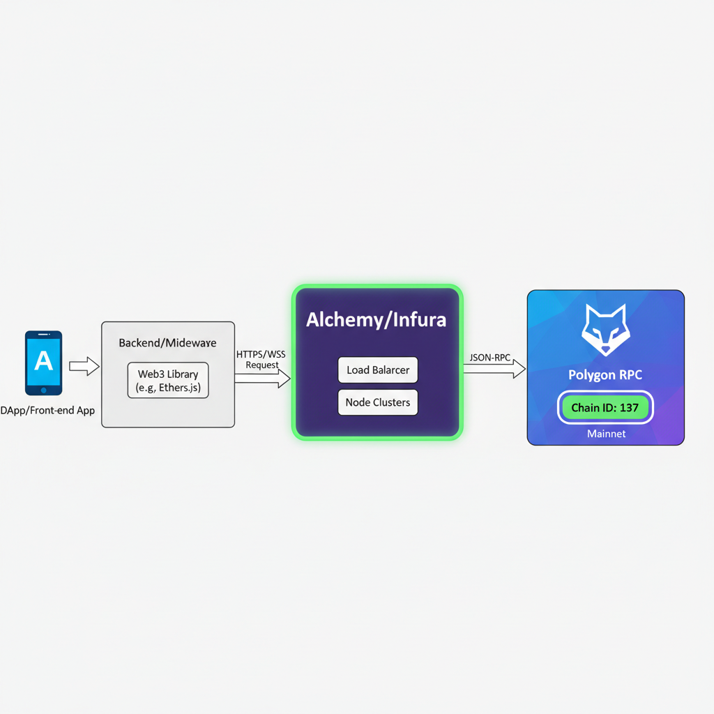 network diagram connecting app to Polygon RPC via Alchemy/Infura, chain ID 137 highlighted