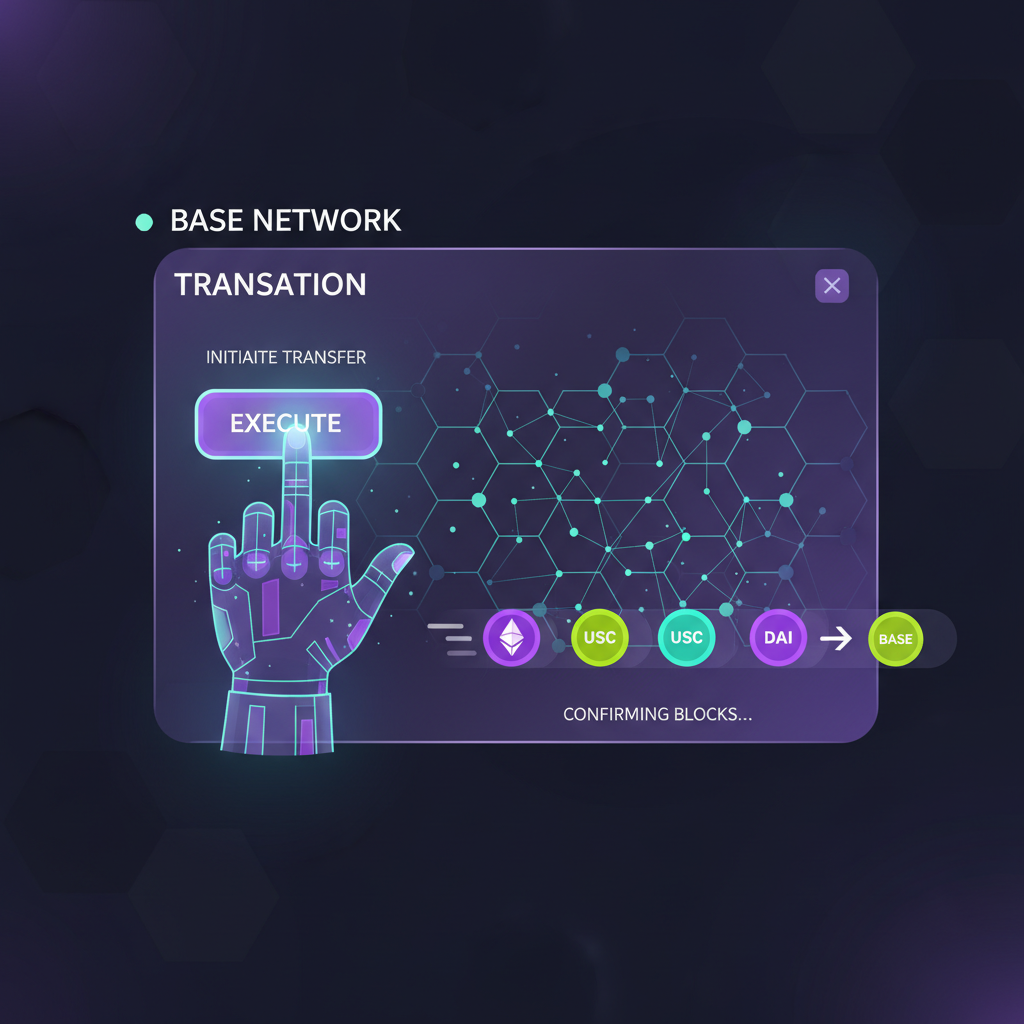 blockchain transaction animation on Base network, AI agent hand pressing execute button, token icons flowing, vibrant purple and green