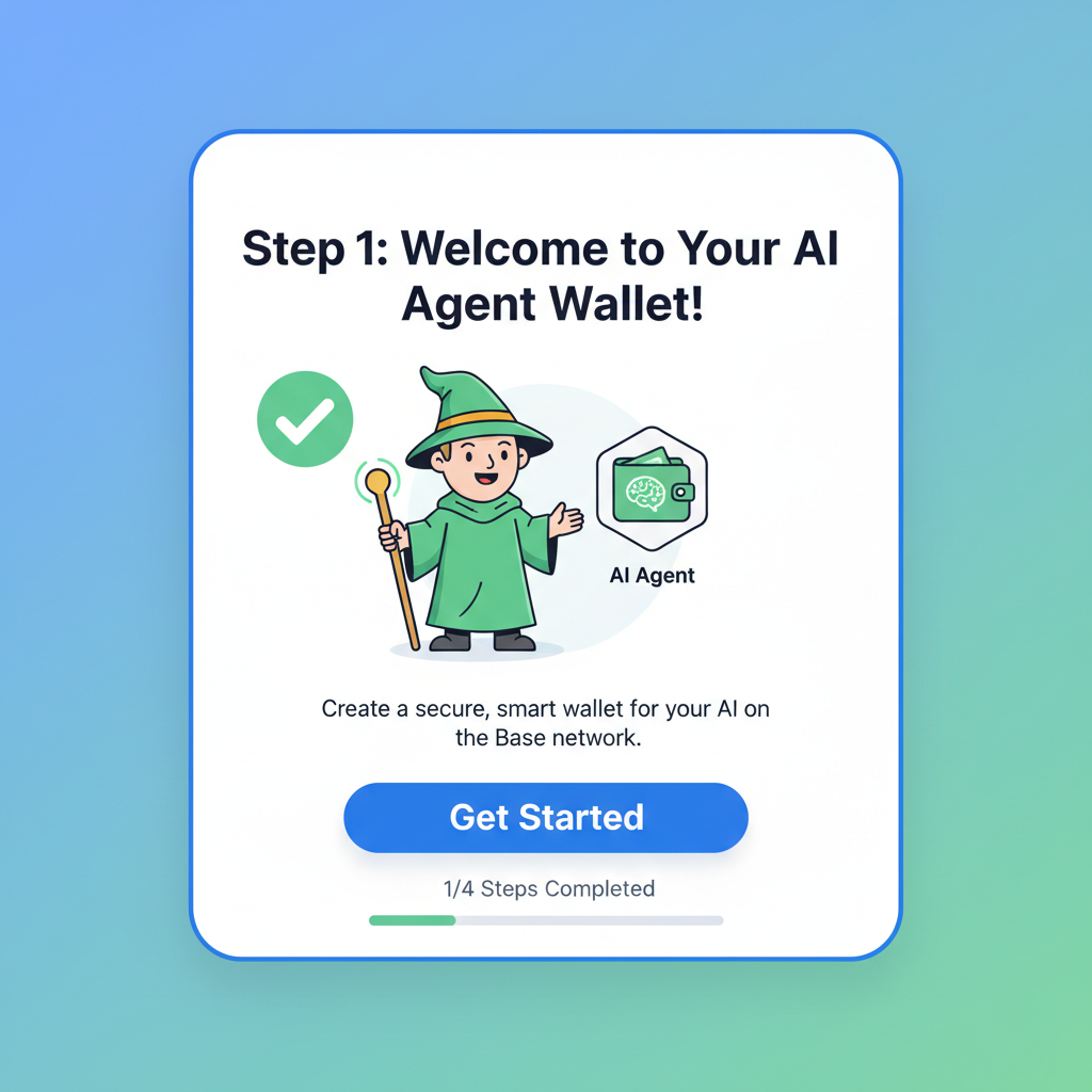 Step-by-step wizard interface for creating AI agent wallet on Base, clean design, green checkmarks