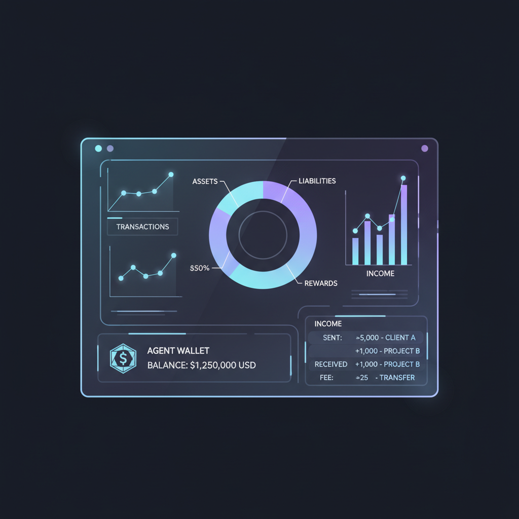 sleek holographic dashboard displaying agent wallet telemetry, charts graphs transactions glowing