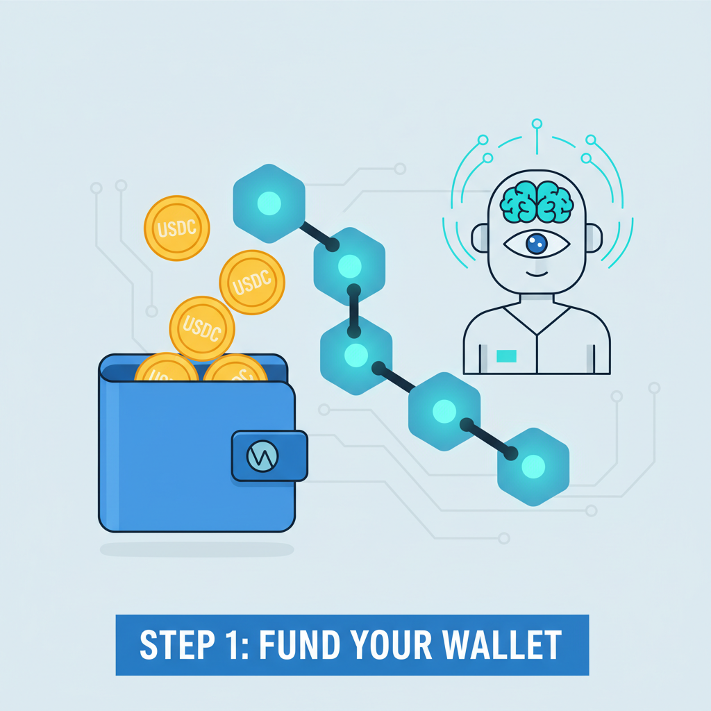 digital wallet filling with golden USDC coins on blockchain network, autonomous AI agent in background