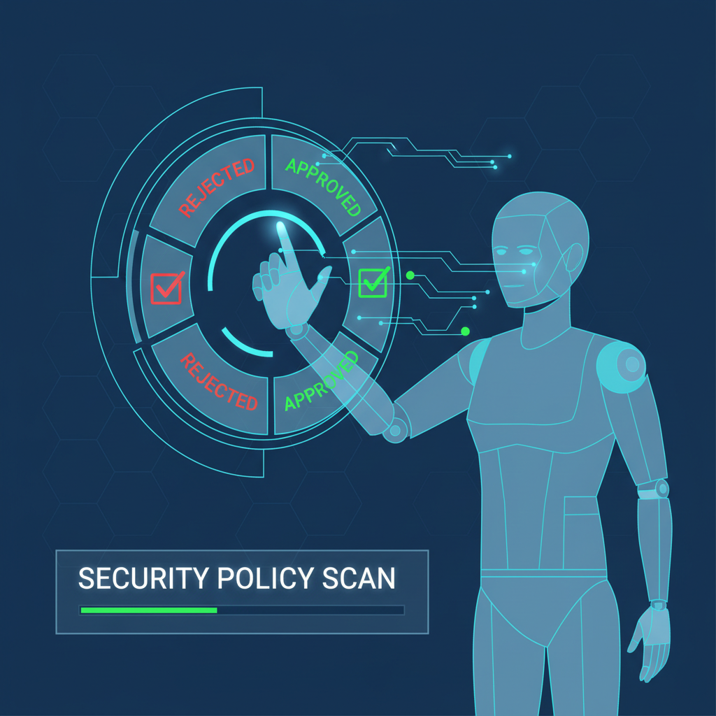 AI agent scanning security policy limits on digital shield interface, glowing red checks and green approvals, sci-fi dashboard