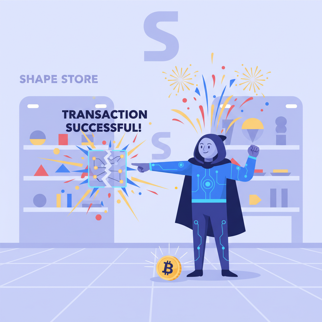 AI agent executing explosive blockchain transaction in Shape store, success fireworks, triumphant pose