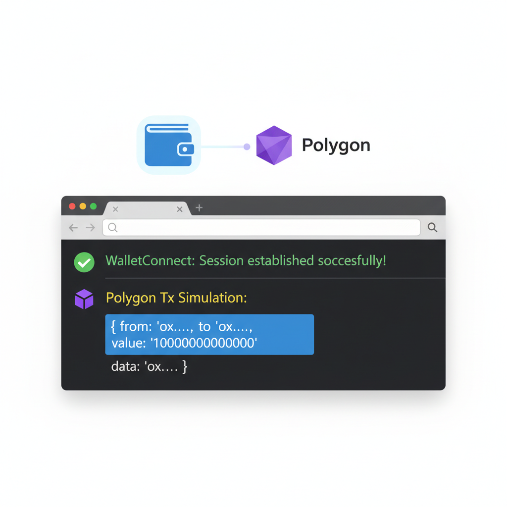 browser dev tools console logging successful WalletConnect session, Polygon tx simulation