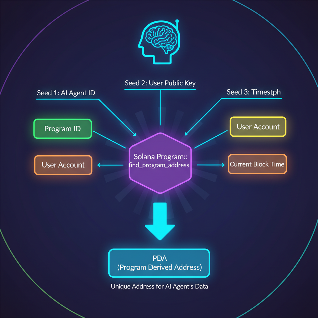 Solana PDA seeds diagram with AI agent icon, neon lines