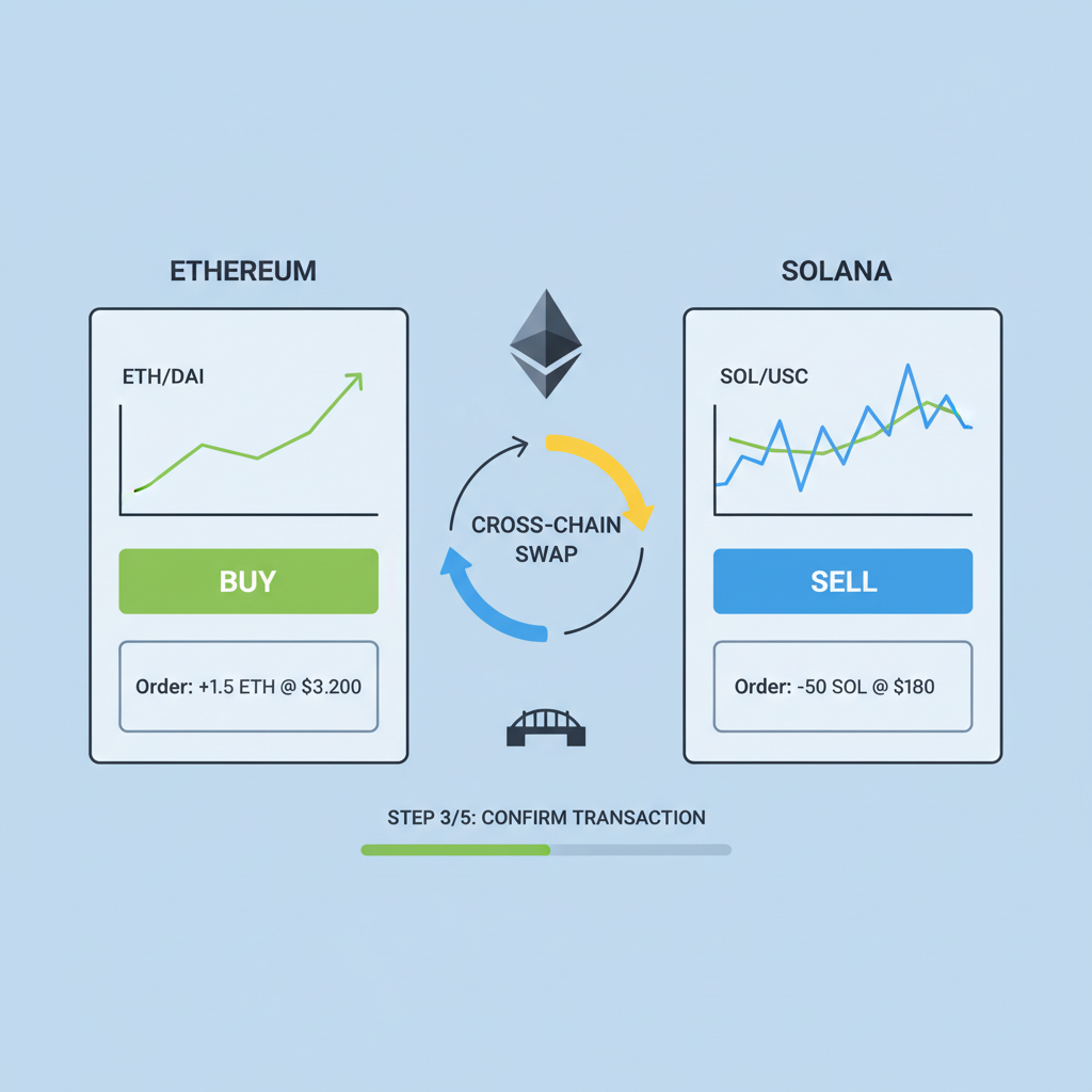 Dashboard simulating DeFi trades on Ethereum and Solana, charts and previews, data visualization