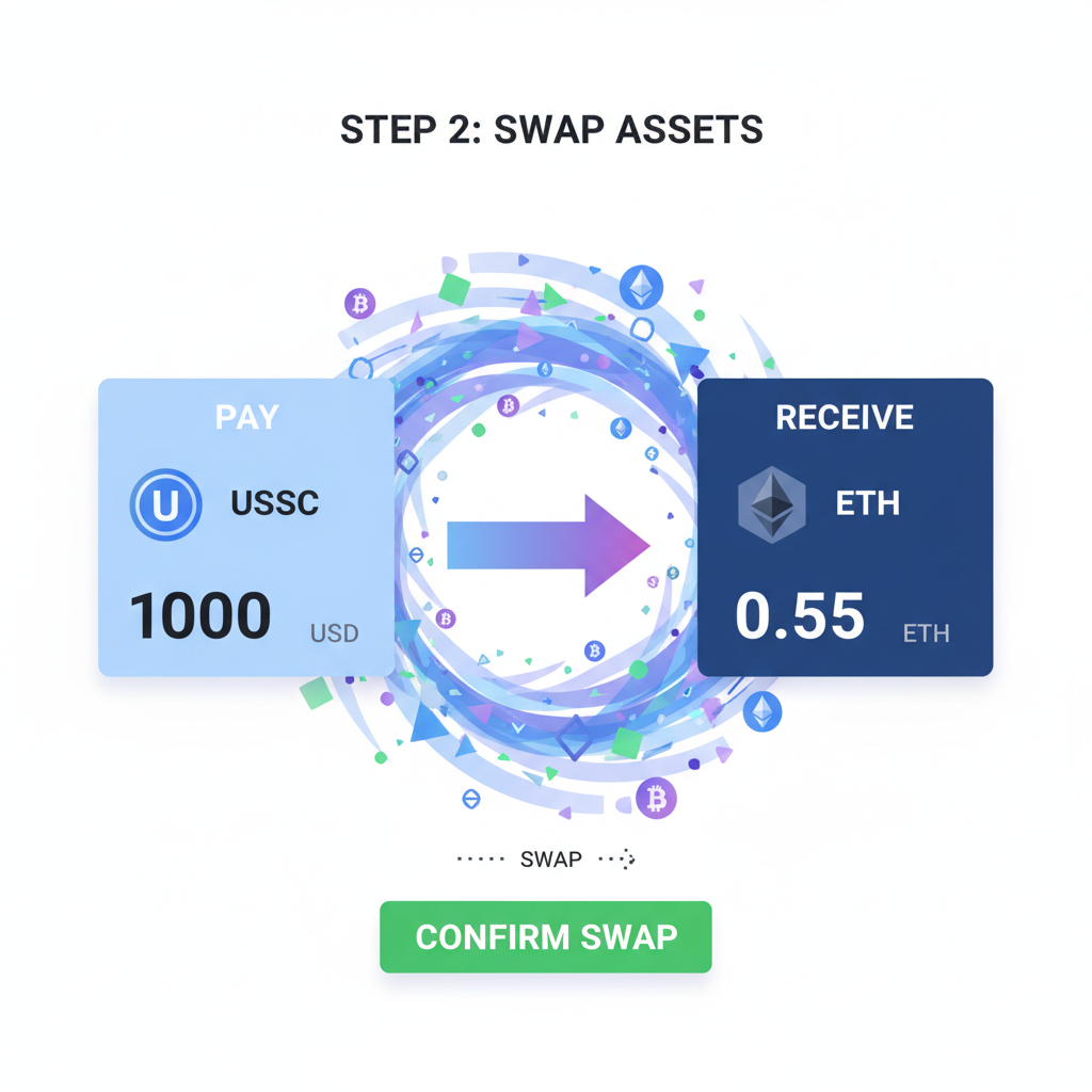 DEX swap interface, USDC to ETH arrows, swirling crypto vortex