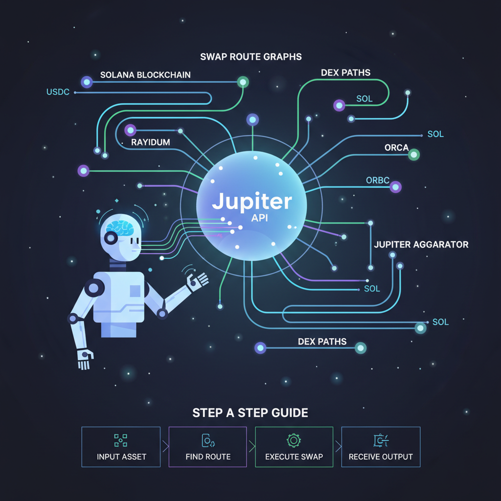 AI agent querying Jupiter API, glowing swap route graphs and DEX paths on Solana blockchain, dynamic data visualization