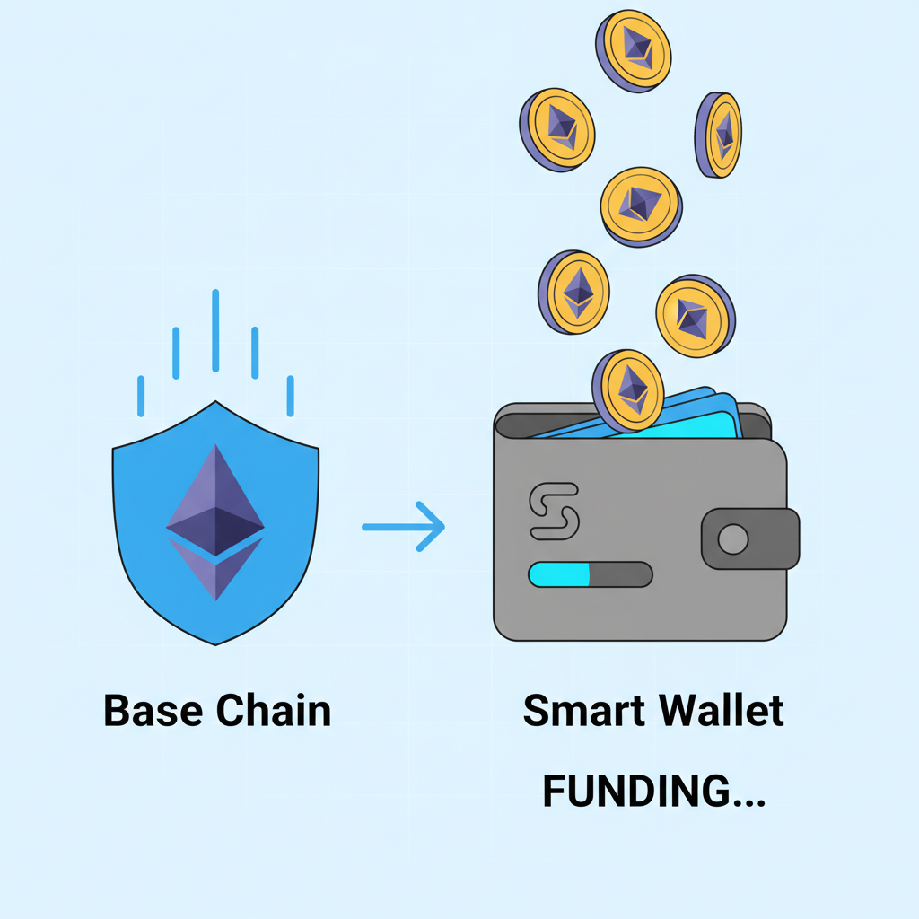 Smart wallet icon being created and funded with ETH coins raining down on Base chain