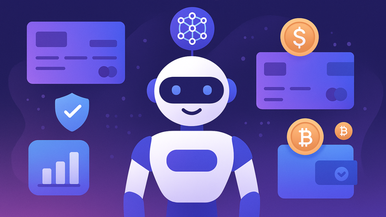 Dynamic digital illustration of an AI agent autonomously transacting on blockchain via ERC-4337 non-custodial smart wallet with protective on-chain policy shields and security controls