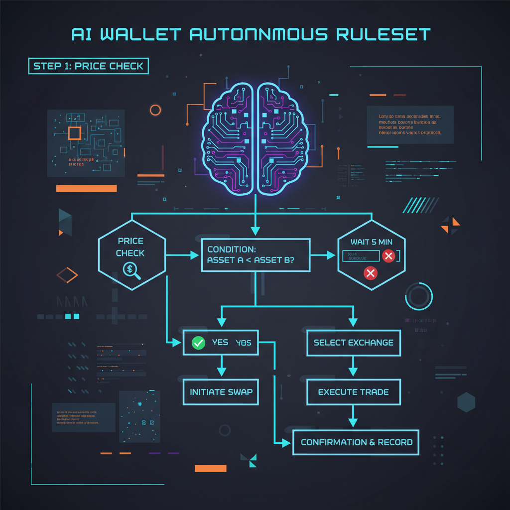 AI brain configuring autonomous wallet rules, flowchart from price check to swap, cyberpunk dashboard style