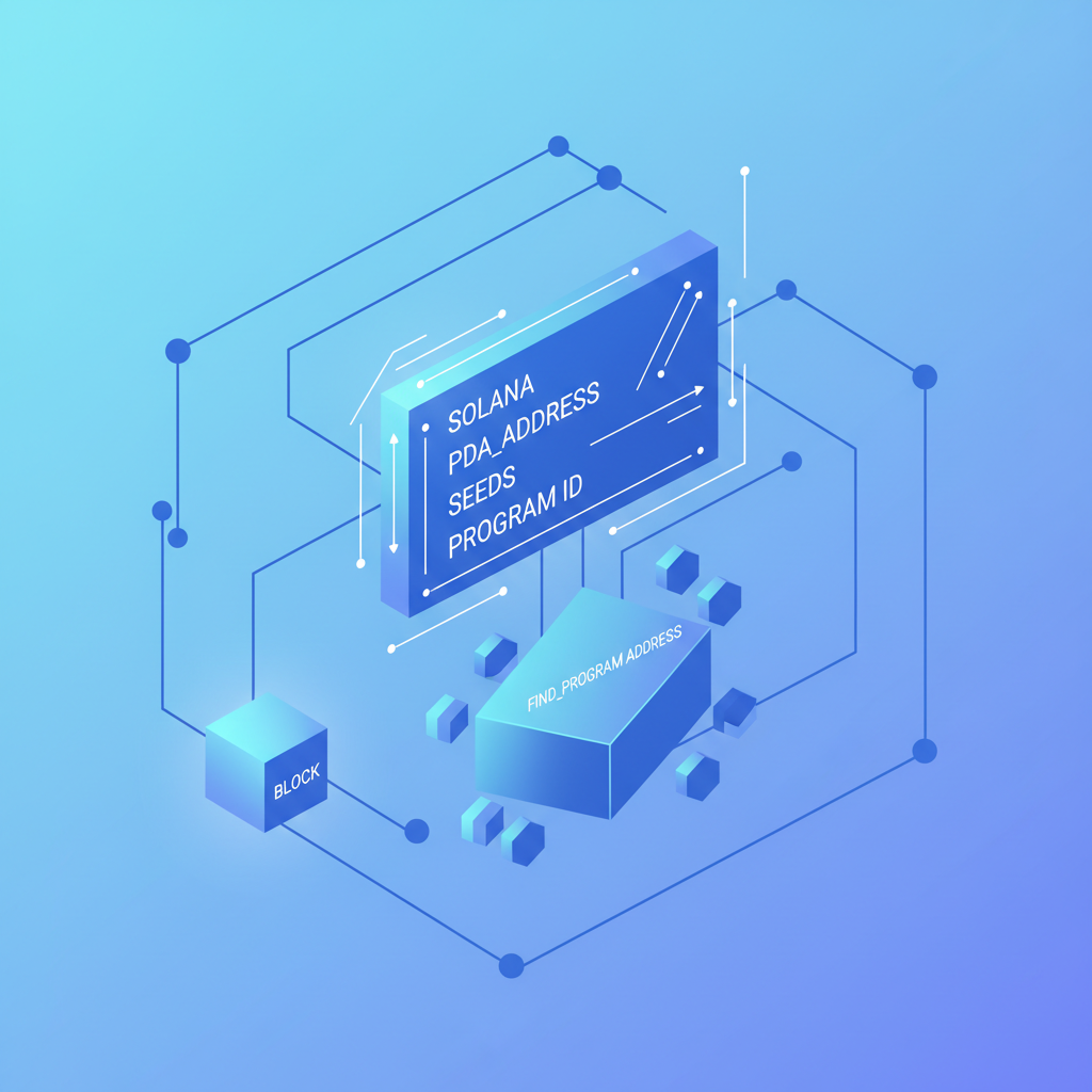 abstract code snippet generating Solana PDA address with seeds and program ID, blue tones, blockchain nodes