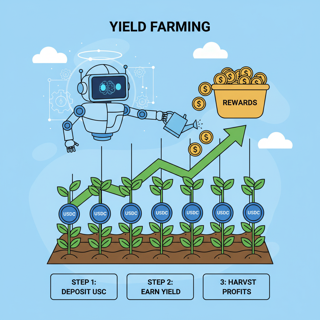 yield farm graph growing, USDC plants, harvest coins, AI overseer
