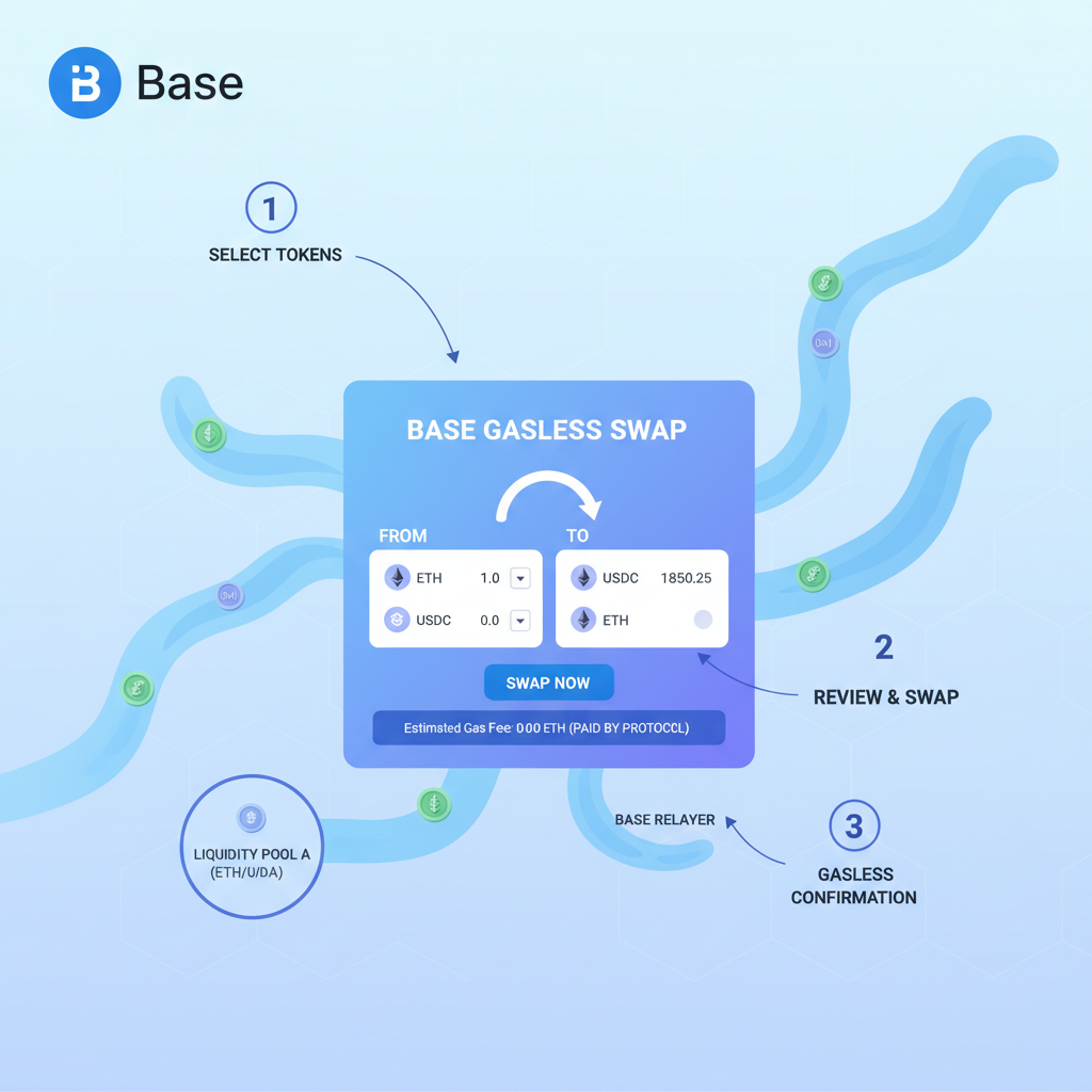 Gasless DEX swap interface on Base chain, liquidity pools visualized as flowing streams